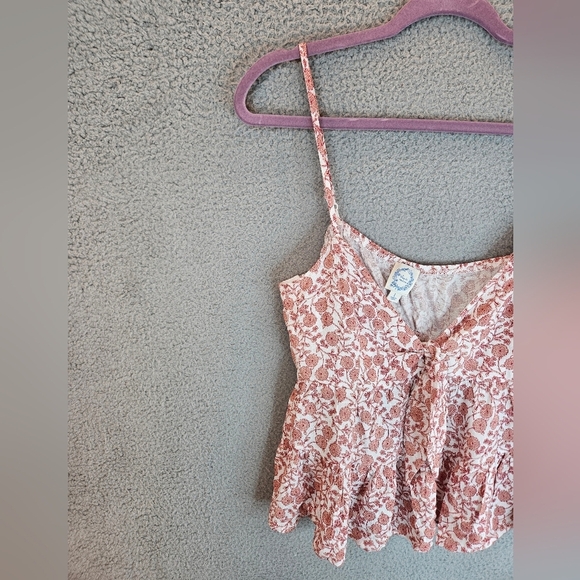 Francesca's X Blue Rain Rust Beige Floral Cropped Baby Doll Top Sz L Adj Straps - Picture 2 of 11